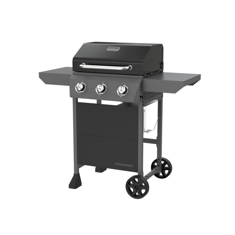 Megamaster Black 3-Burner Propane Gas Grill with Side Tables