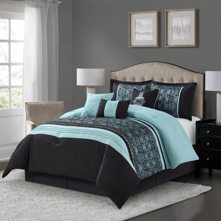 King Black and Aqua Microfiber 7-Piece Comforter Set