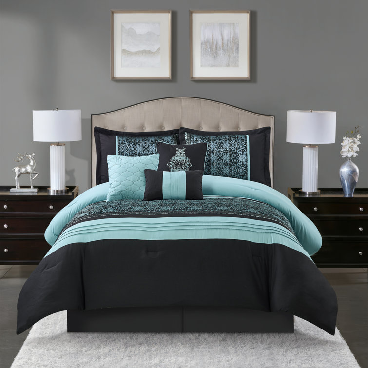 King Black and Aqua Microfiber 7-Piece Comforter Set