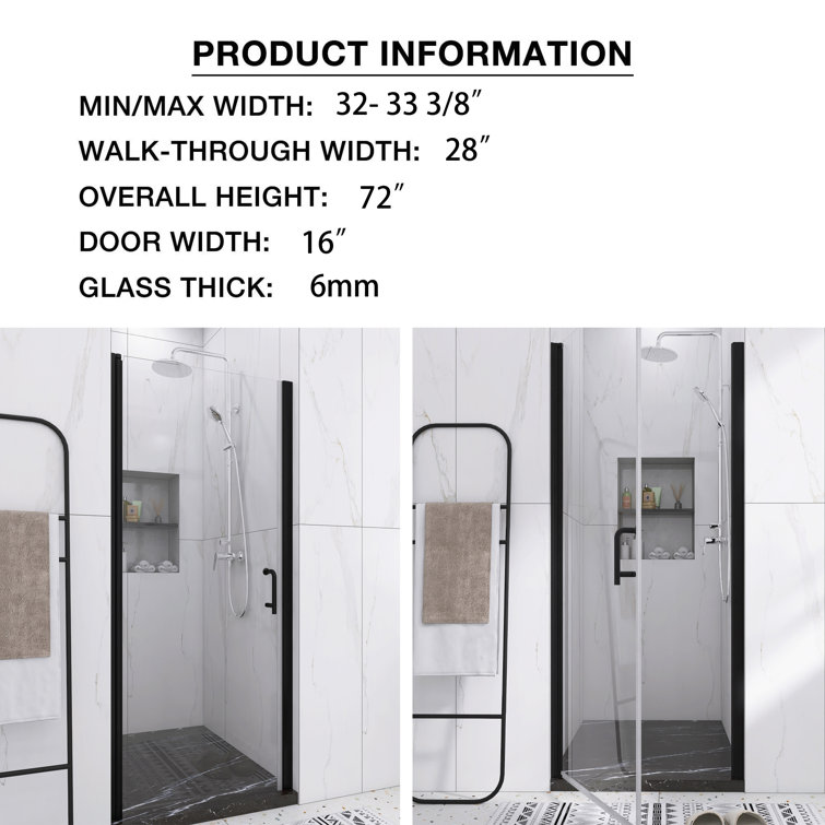 Matte Black 32'' x 72'' Semi-Frameless Pivot Shower Door with Clear Glass