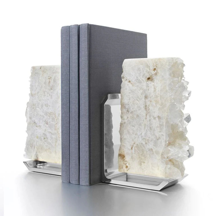 White Agate and Silver Metal Bookends Set