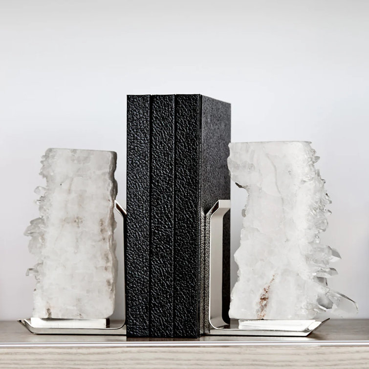 White Agate and Silver Metal Bookends Set