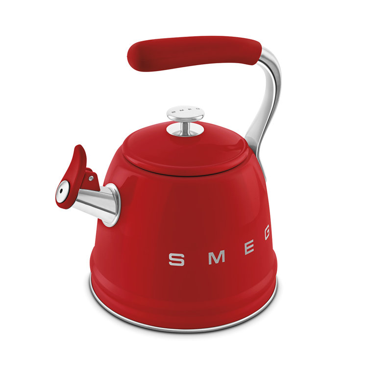 Red Stainless Steel Retro Whistling Stovetop Kettle, 2.4 Quarts