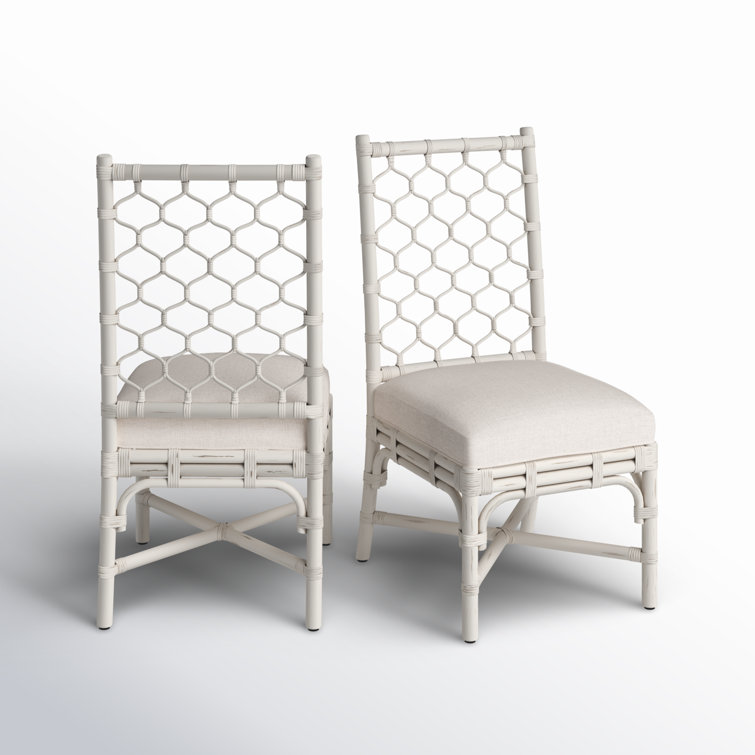 White Linen Upholstered Rattan Cane Side Chair