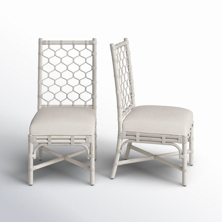 White Linen Upholstered Rattan Cane Side Chair