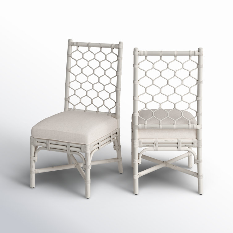 White Linen Upholstered Rattan Cane Side Chair