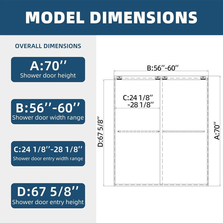 60'' W x 70'' H Clear Tempered Glass Semi-Frameless Shower Door