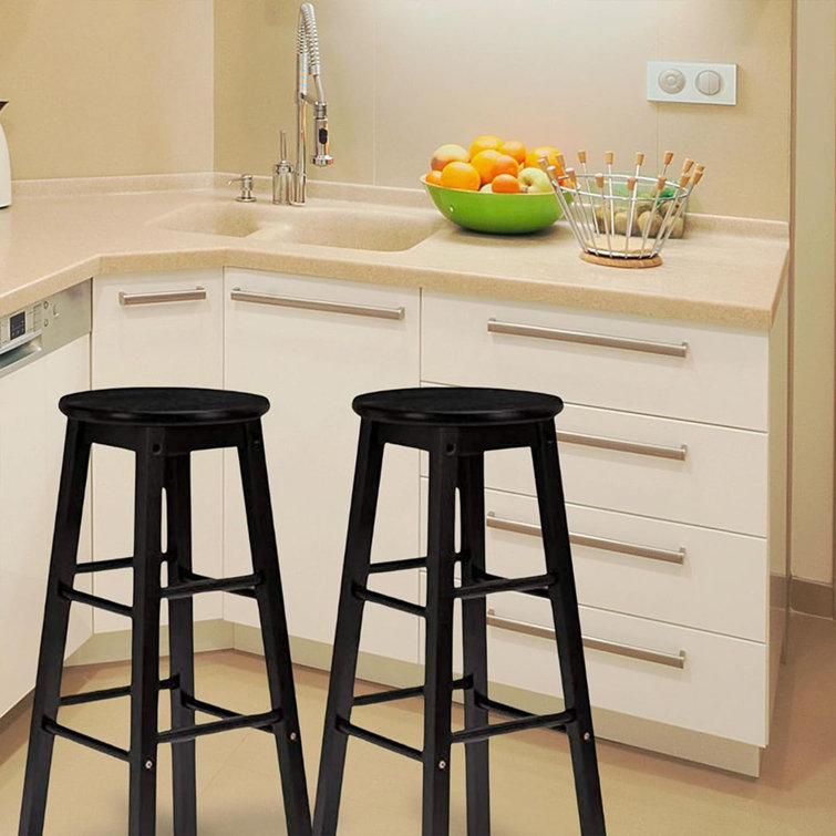 Classic Black Solid Wood 24" Round-Seat Kitchen Counter Stools, Set of 2
