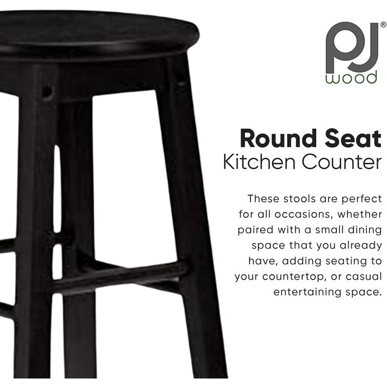 Classic Black Solid Wood 24" Round-Seat Kitchen Counter Stools, Set of 2