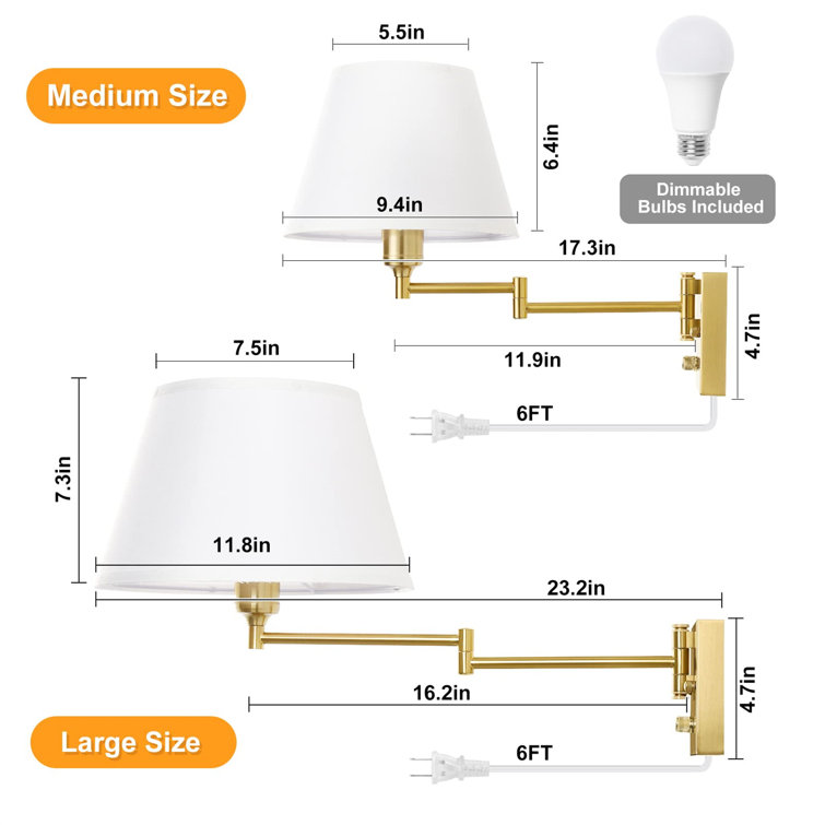 Brushed Brass Swing Arm Sconce with White Fabric Shade