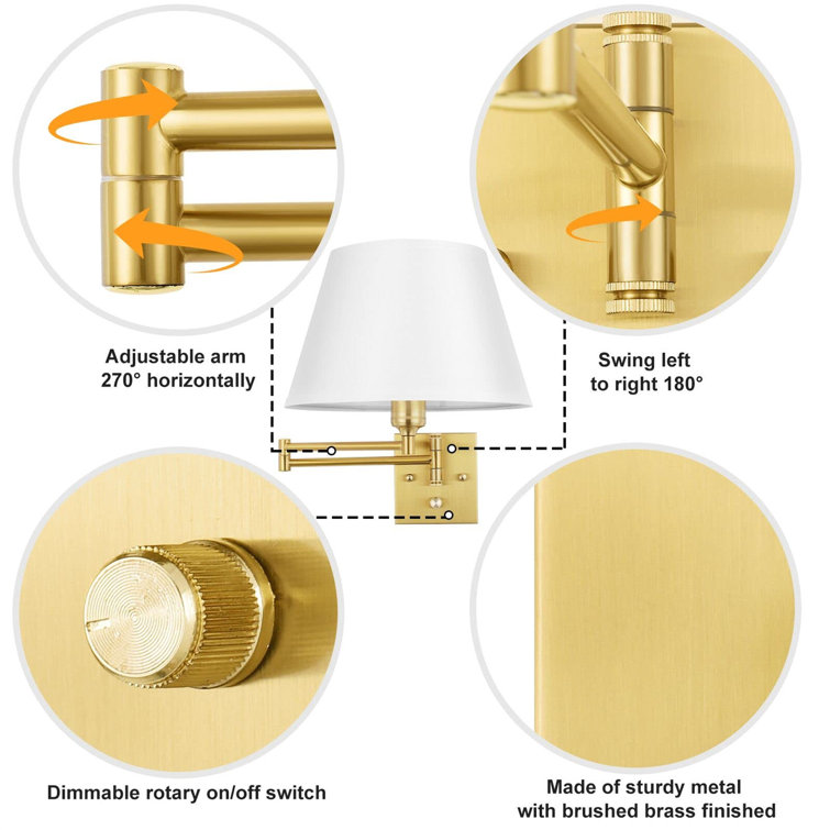 Brushed Brass Swing Arm Sconce with White Fabric Shade