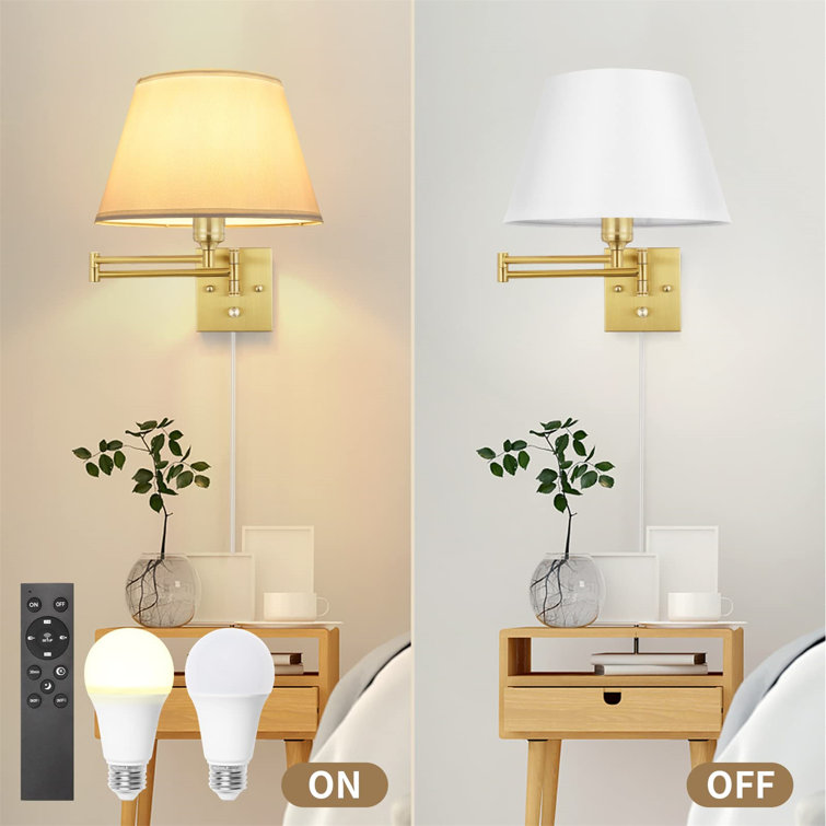 Brushed Brass Swing Arm Sconce with White Fabric Shade