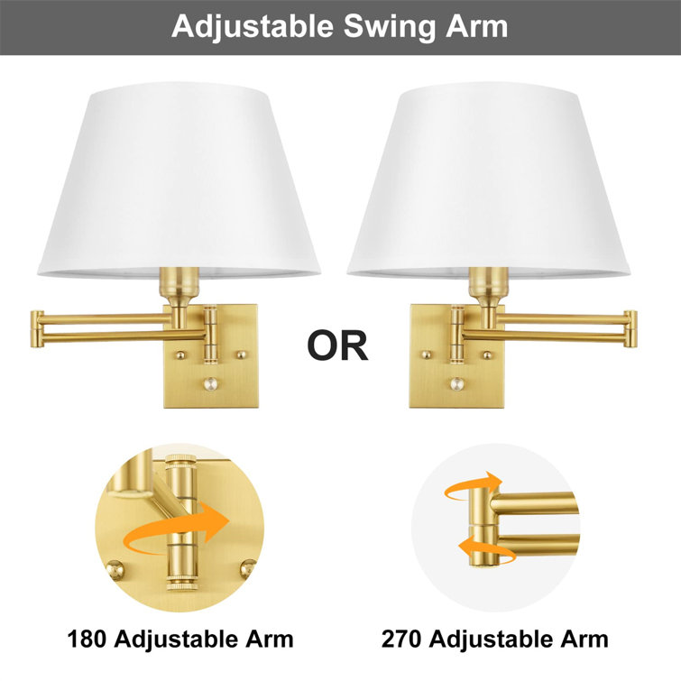 Brushed Brass Swing Arm Sconce with White Fabric Shade