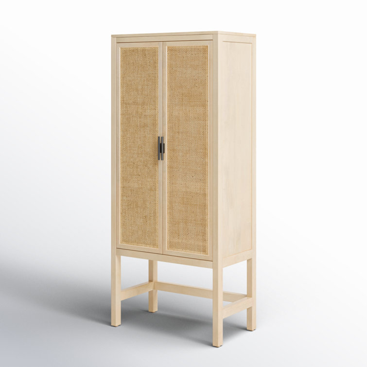Natural Mango Solid Wood Storage Cabinet with Woven Cane Doors