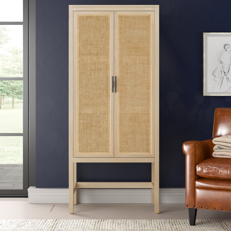 Natural Mango Solid Wood Storage Cabinet with Woven Cane Doors