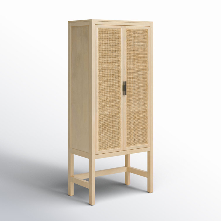 Natural Mango Solid Wood Storage Cabinet with Woven Cane Doors