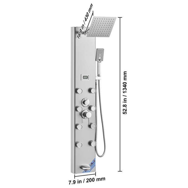 Stainless Steel 52.8'' Shower Panel with Adjustable Jets and Digital Display