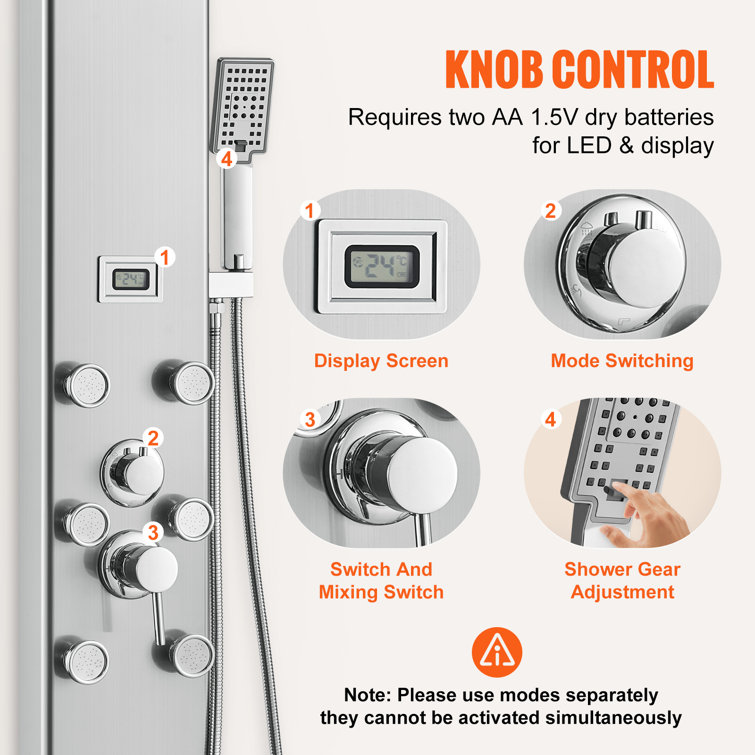Stainless Steel 52.8'' Shower Panel with Adjustable Jets and Digital Display