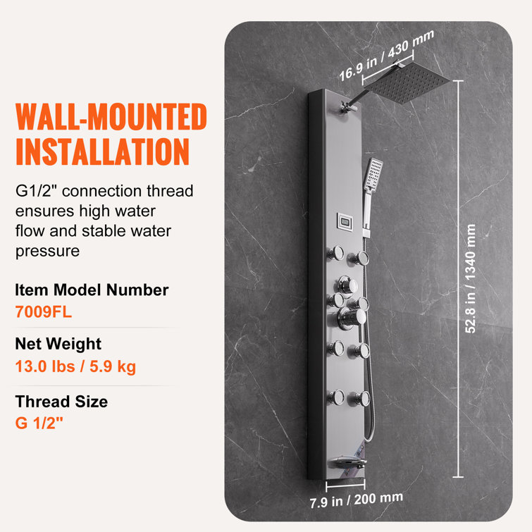 Stainless Steel 52.8'' Shower Panel with Adjustable Jets and Digital Display