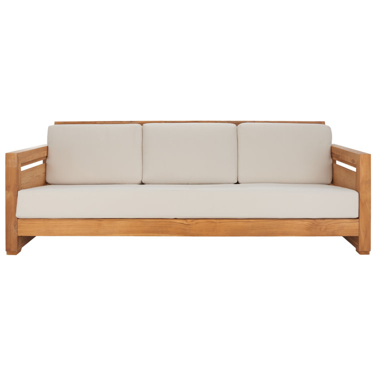 Natural Teak Wood Outdoor 3-Seat Sofa with Cream Cushions