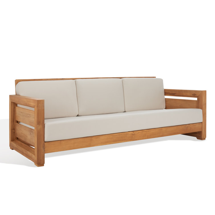 Natural Teak Wood Outdoor 3-Seat Sofa with Cream Cushions