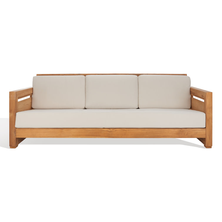 Natural Teak Wood Outdoor 3-Seat Sofa with Cream Cushions