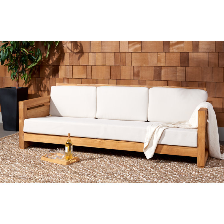 Natural Teak Wood Outdoor 3-Seat Sofa with Cream Cushions