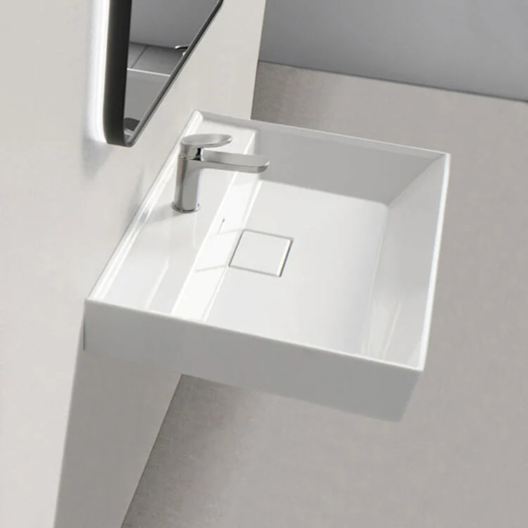 White Ceramic Square Wall-Mount Bathroom Sink with Overflow