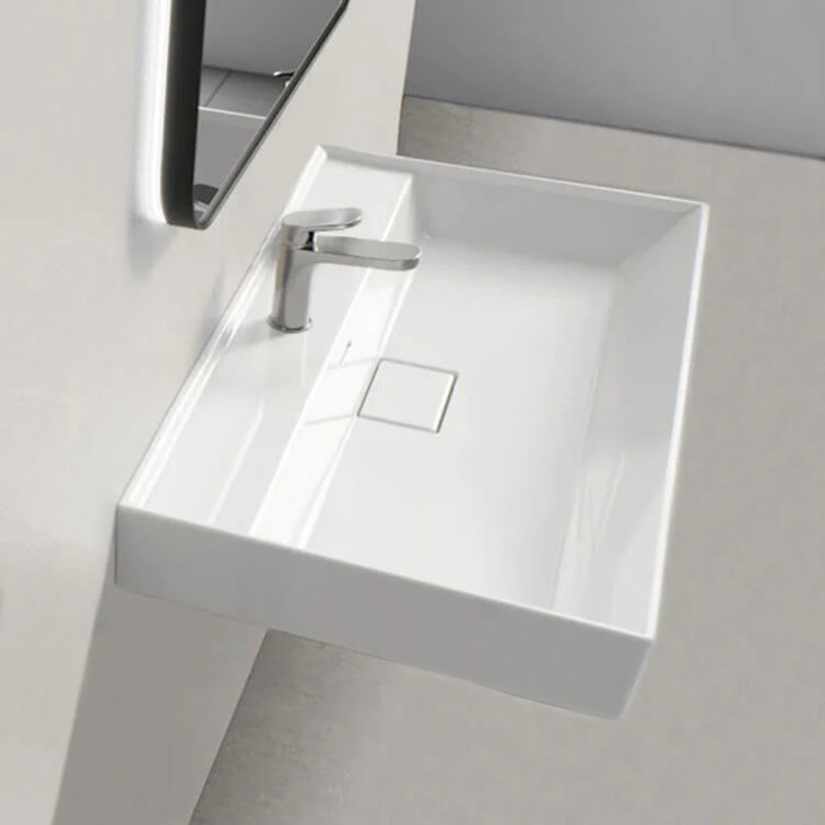 Sharp Rectangular White Ceramic Wall-Mounted Sink with Overflow