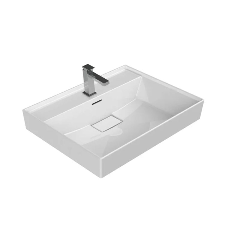 Sharp Rectangular White Ceramic Wall-Mounted Sink with Overflow
