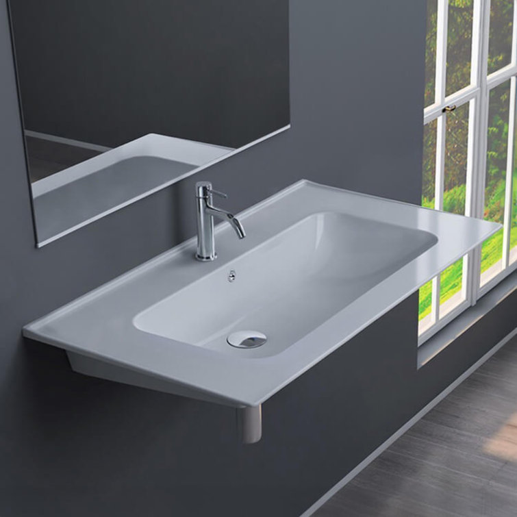 White Ceramic Rectangular Wall-Mount Bathroom Sink with Overflow