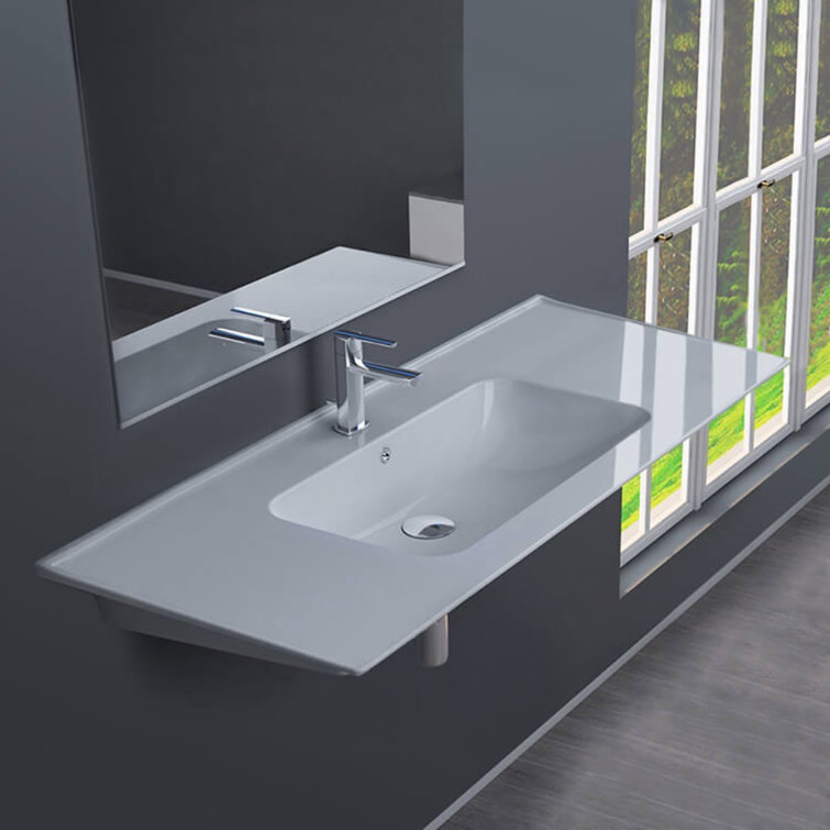 White Ceramic Rectangular Wall-Mount Bathroom Sink with Overflow