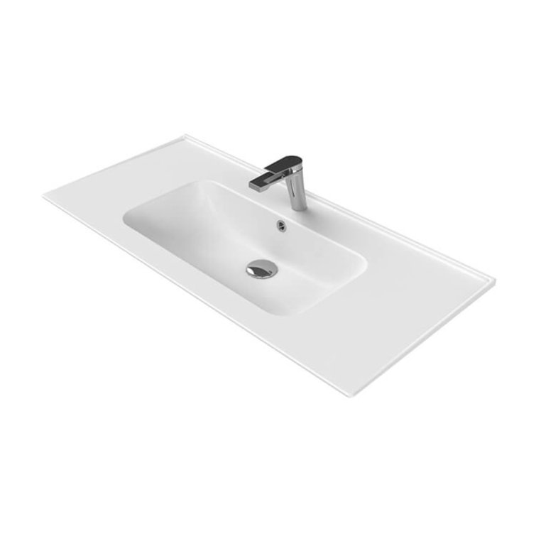 White Ceramic Rectangular Wall-Mount Bathroom Sink with Overflow