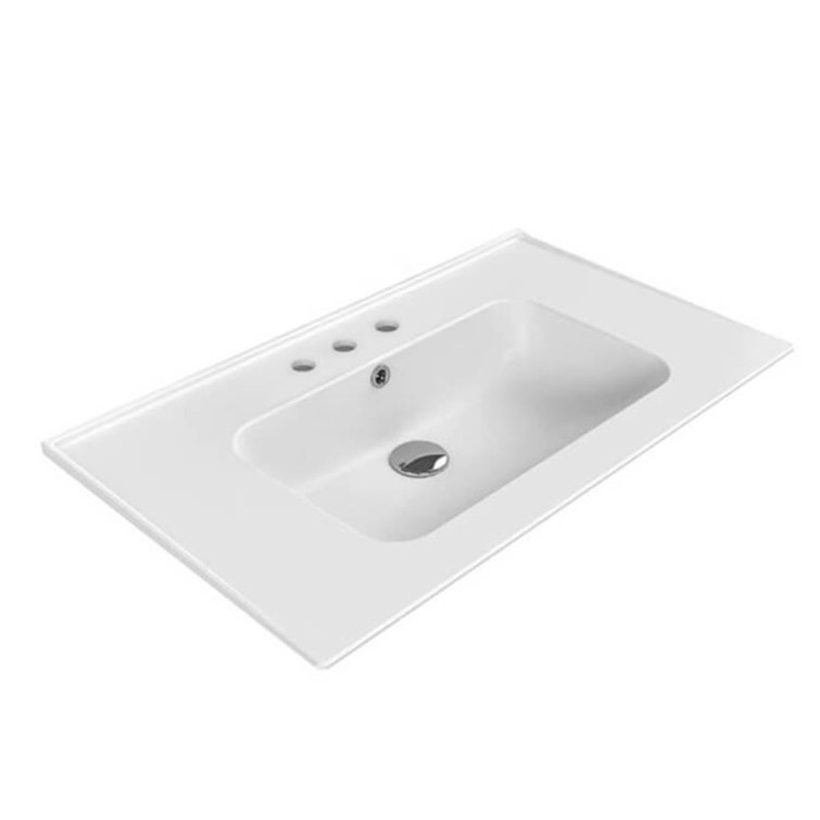 White Ceramic Rectangular Wall-Mount Bathroom Sink with Overflow