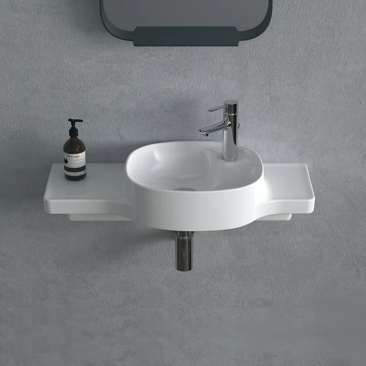 Harmony White Ceramic Rectangular Wall Mounted Bathroom Sink with Counter Space