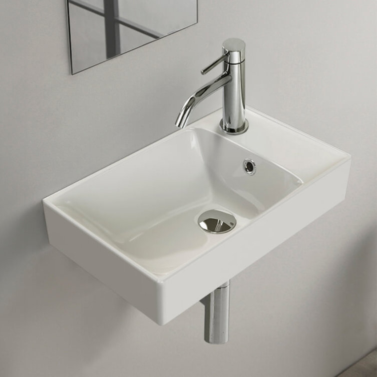 White Ceramic Rectangular Wall-Mount Bathroom Sink with Overflow