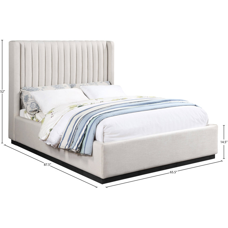 Beige Linen Upholstered Queen Bed with Tufted Headboard