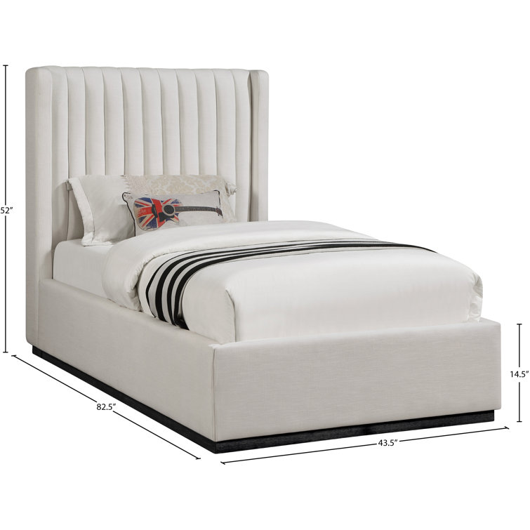 Beige Twin Linen Upholstered Wingback Bed with Tufted Headboard