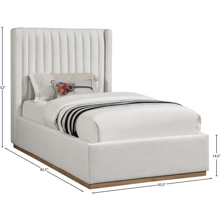 Cream Linen Twin Upholstered Wingback Bed with Tufted Headboard