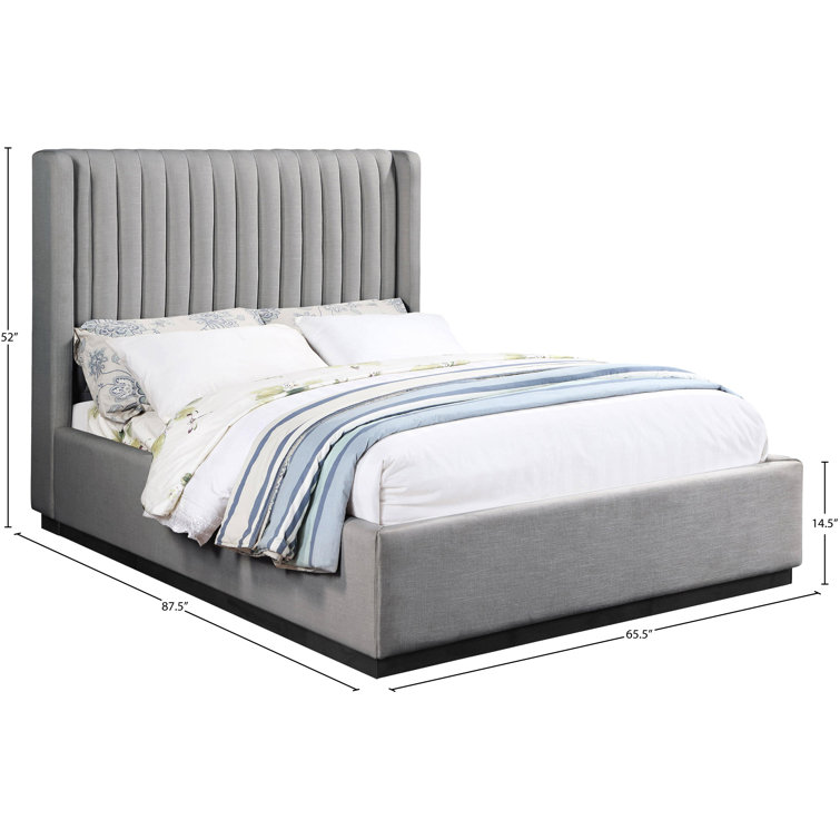 Gray Linen Upholstered Queen Wingback Bed with Tufted Headboard