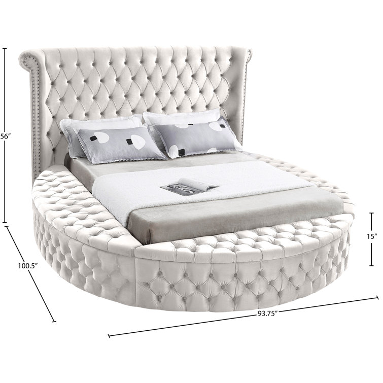 Cream Velvet Queen Bed with Tufted Upholstery and Storage