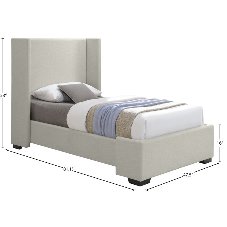 Beige Twin Linen Upholstered Wood Frame Bed with Headboard
