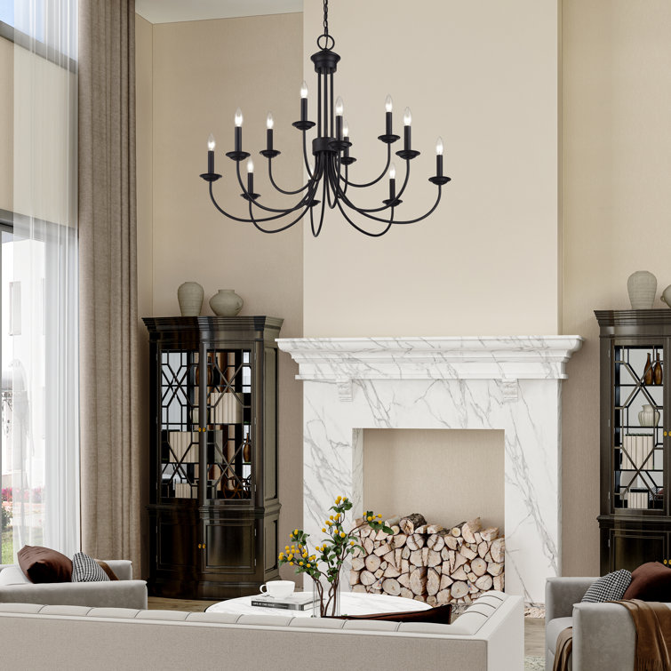 Black Steel 12-Light Large 2-Tier Candelabra Chandelier