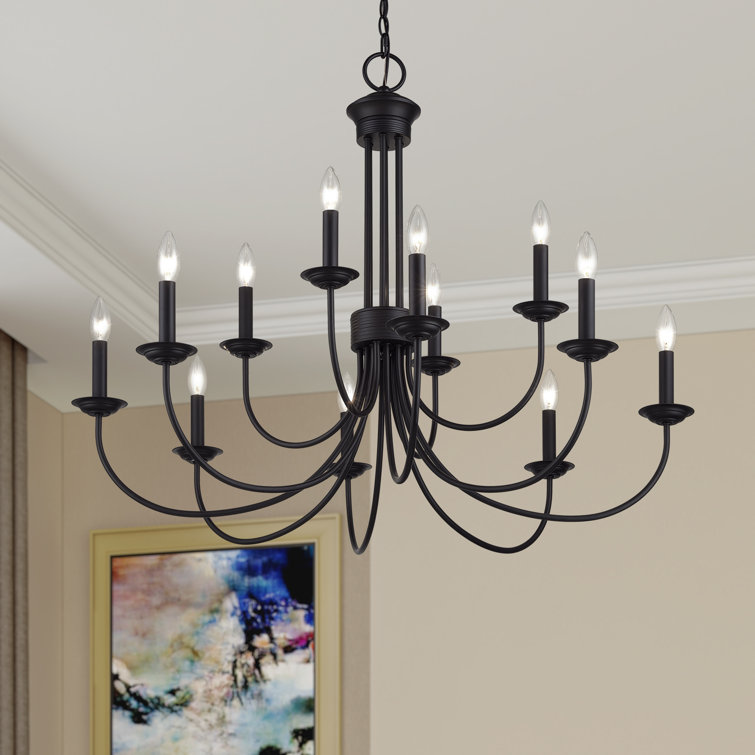 Black Steel 12-Light Large 2-Tier Candelabra Chandelier