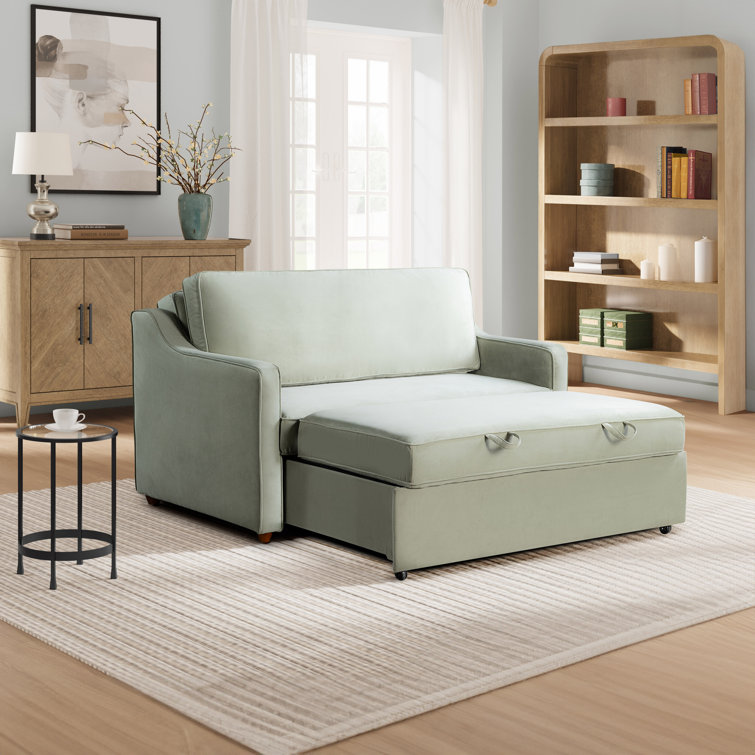 Sage Green Velvet Full Sleeper Loveseat with Wood Legs