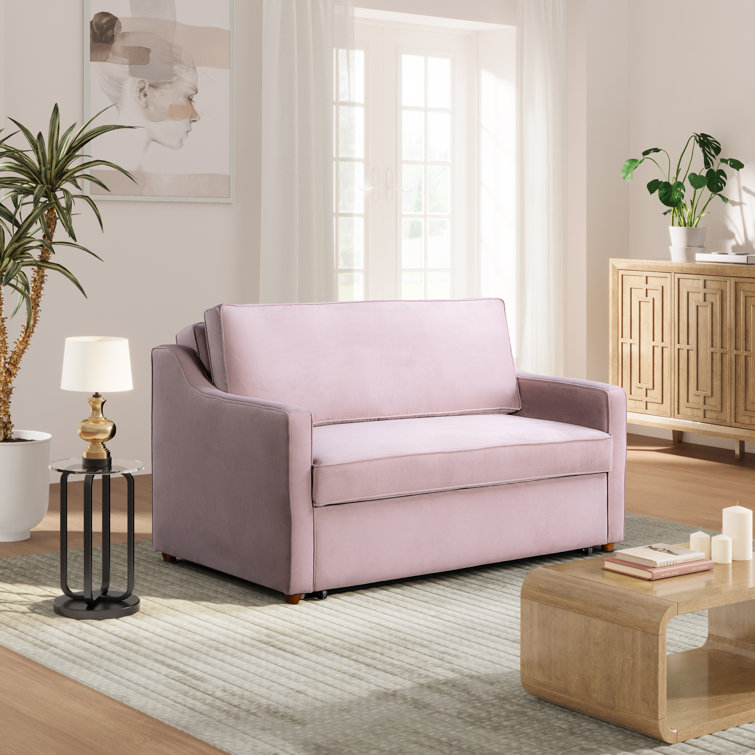 Mauve Velvet Full Sleeper Loveseat with Wood Legs