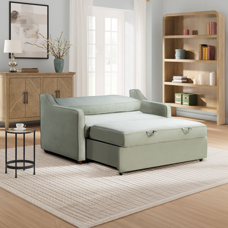 Sage Green Velvet Full Sleeper Loveseat with Wood Legs