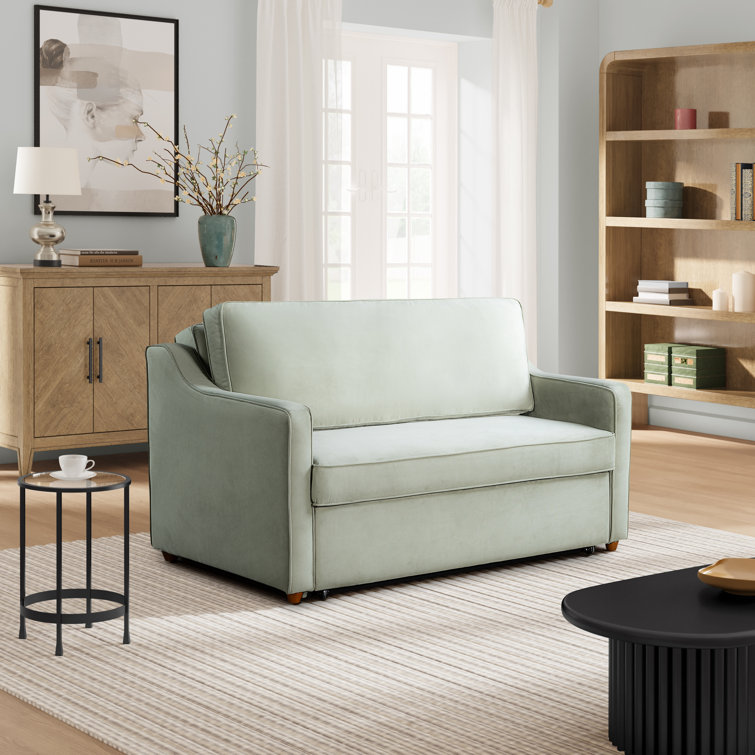 Sage Green Velvet Full Sleeper Loveseat with Wood Legs