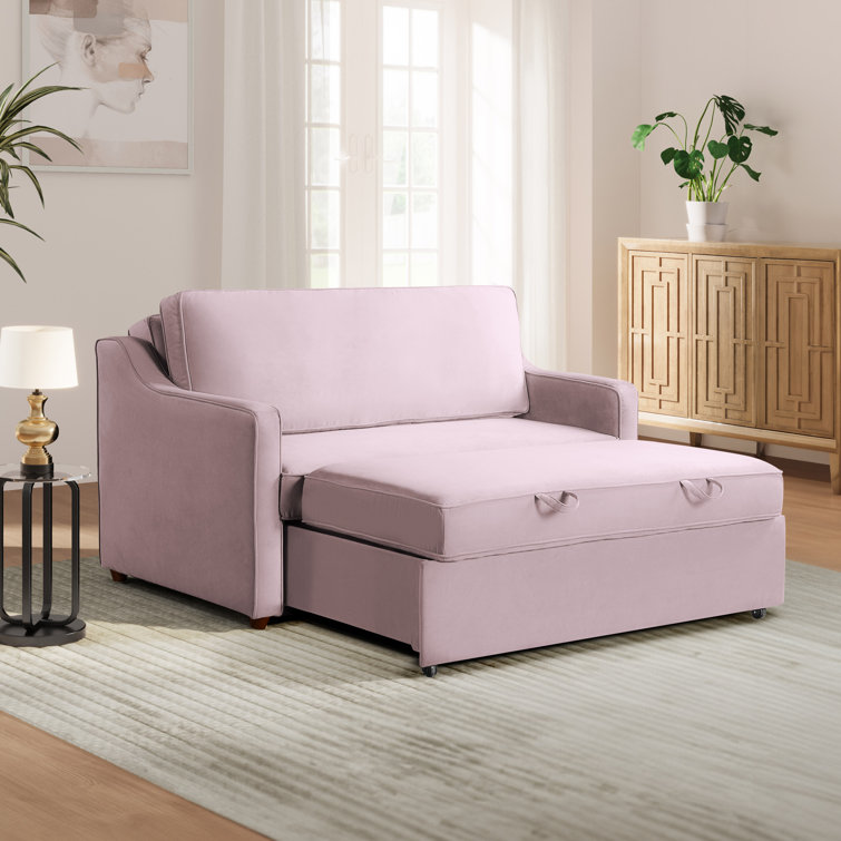 Mauve Velvet Full Sleeper Loveseat with Wood Legs