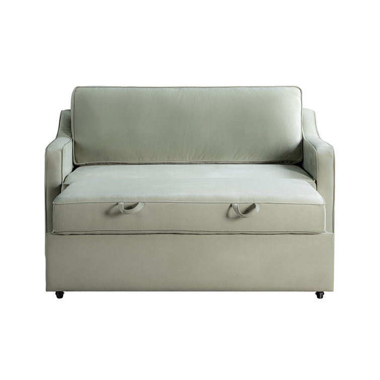 Sage Green Velvet Full Sleeper Loveseat with Wood Legs